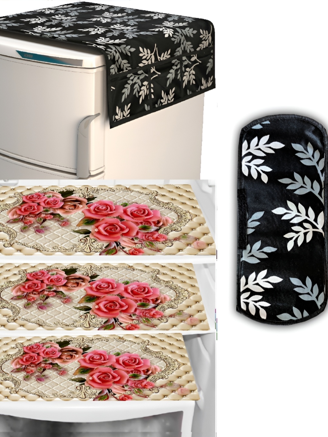 

REVEXO Black & Beige 5 Pieces Printed Fridge Top Cover Handle Covers & Mats