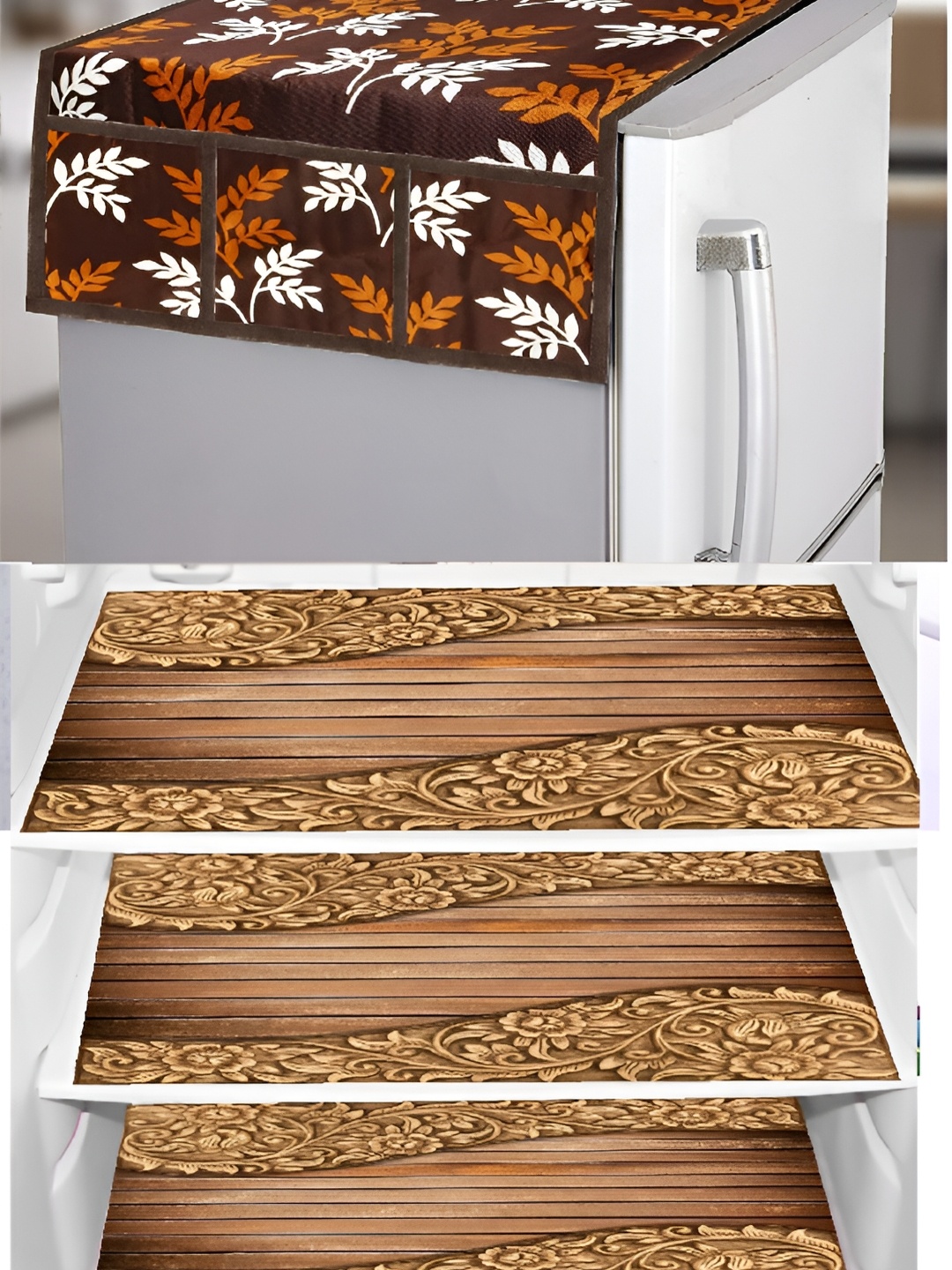 

REVEXO Brown & Pink 4 Pcs Floral Printed Fridge Top Cover & Mats