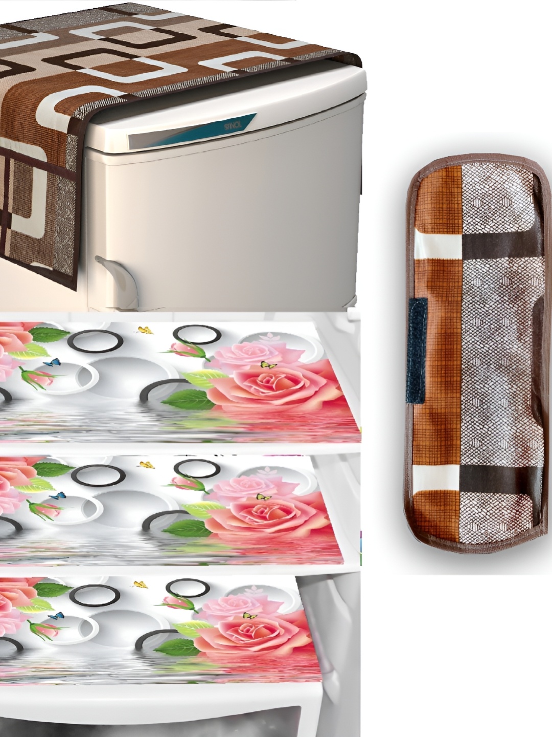 

REVEXO Brown & White 5 Pieces Printed Fridge Top Cover Handle Covers & Mats