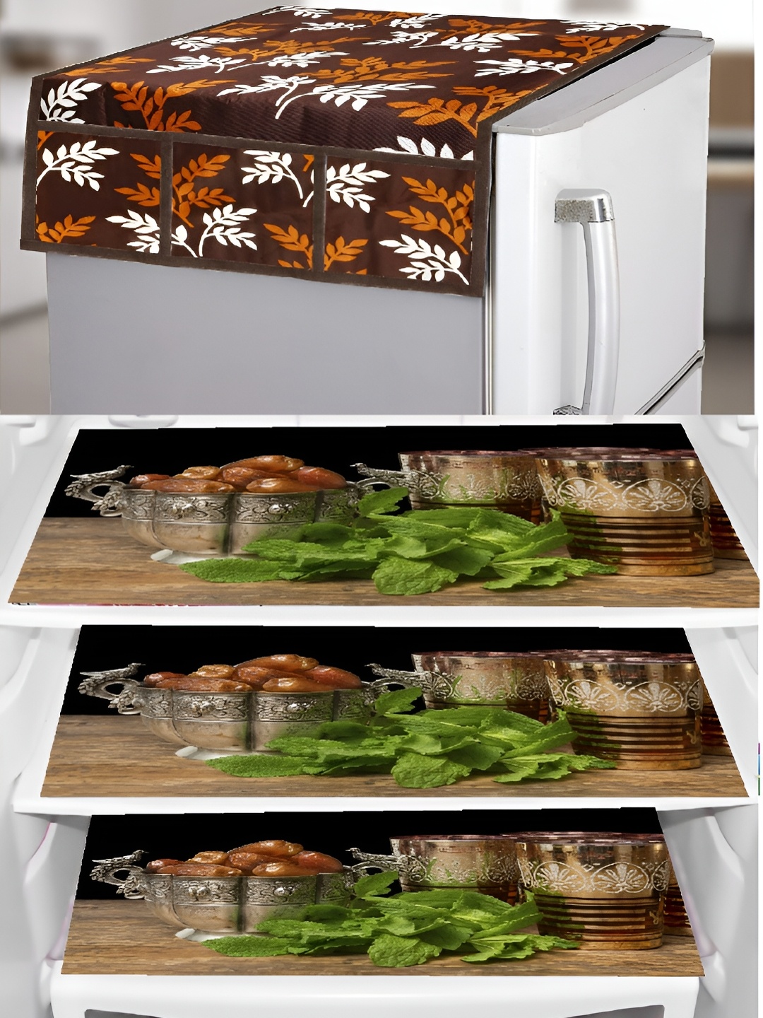 

REVEXO Brown & Green 4 Pieces Printed Fridge Top Cover & Mats