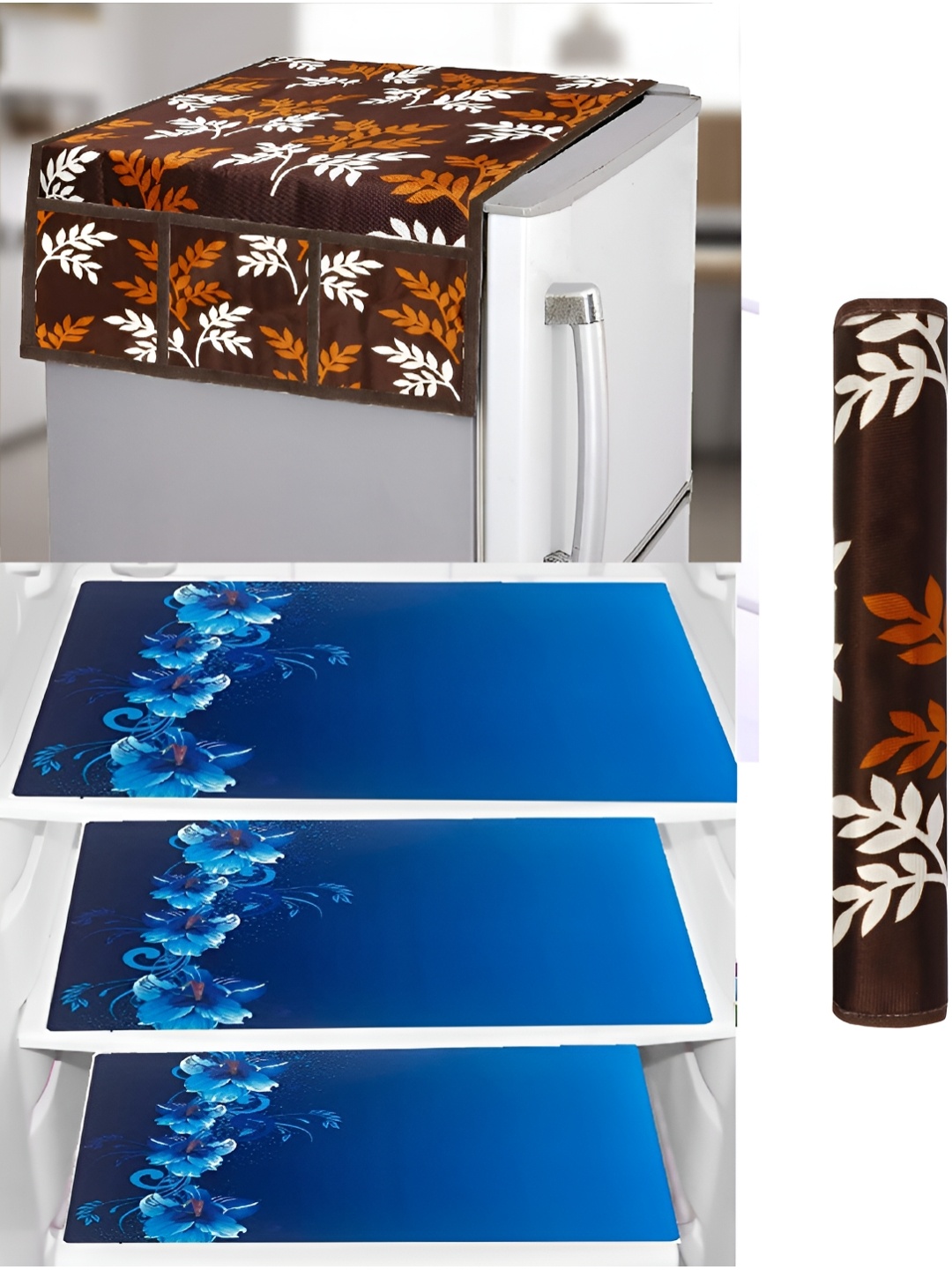 

REVEXO Brown & Blue 5 Pieces Printed Fridge Top Cover Handle Covers & Mats