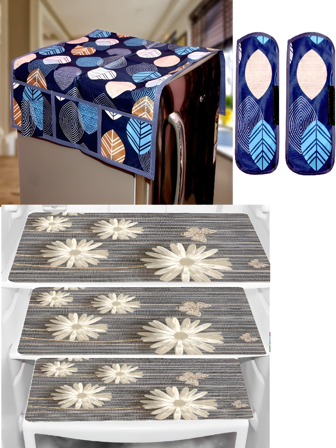 

REVEXO White & Blue 6 Pieces Printed Fridge Top Cover Handle Covers & Mats