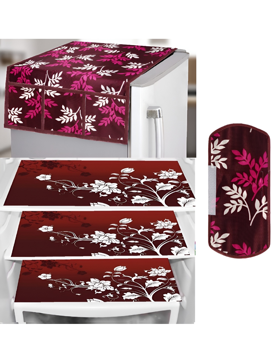 

REVEXO Burgundy & Maroon 5 Pieces Printed Fridge Top Cover Handle Covers & Mats