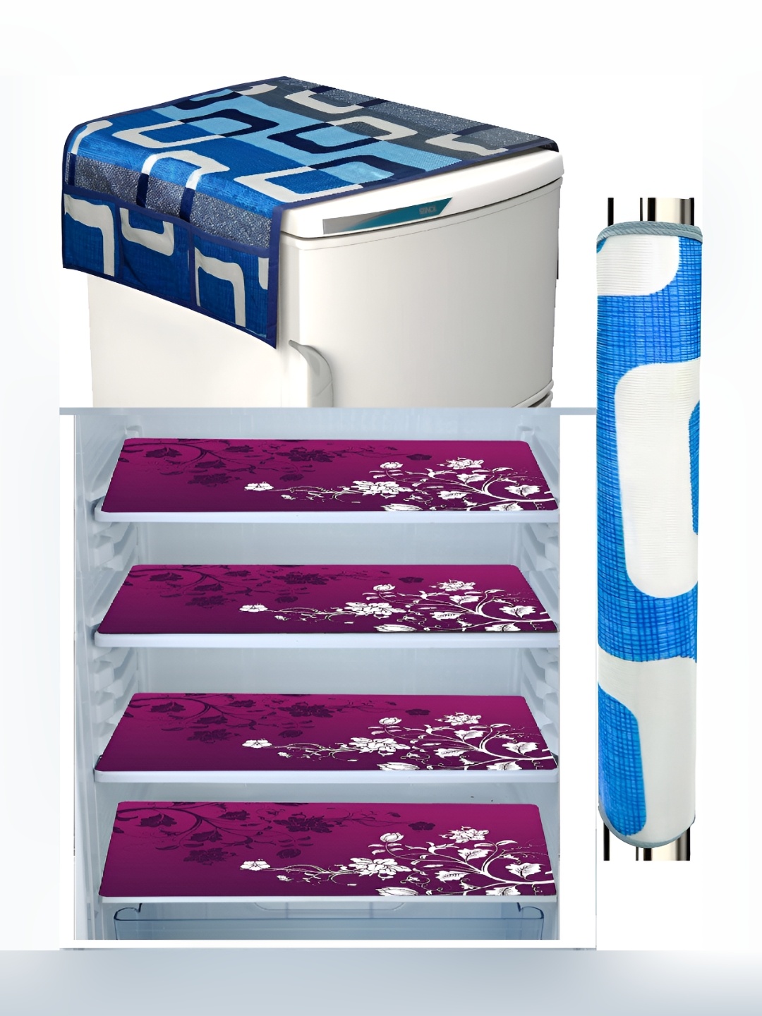 

REVEXO Purple & Blue 6 Pieces Printed Fridge Top Cover Handle Covers & Mats