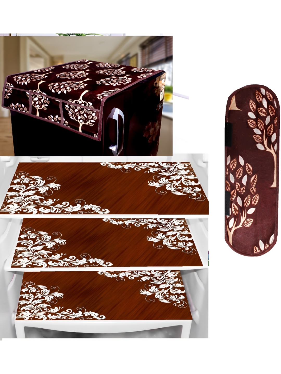 

REVEXO Burgundy & Maroon 5 Pieces Printed Fridge Top Cover Handle Covers & Mats