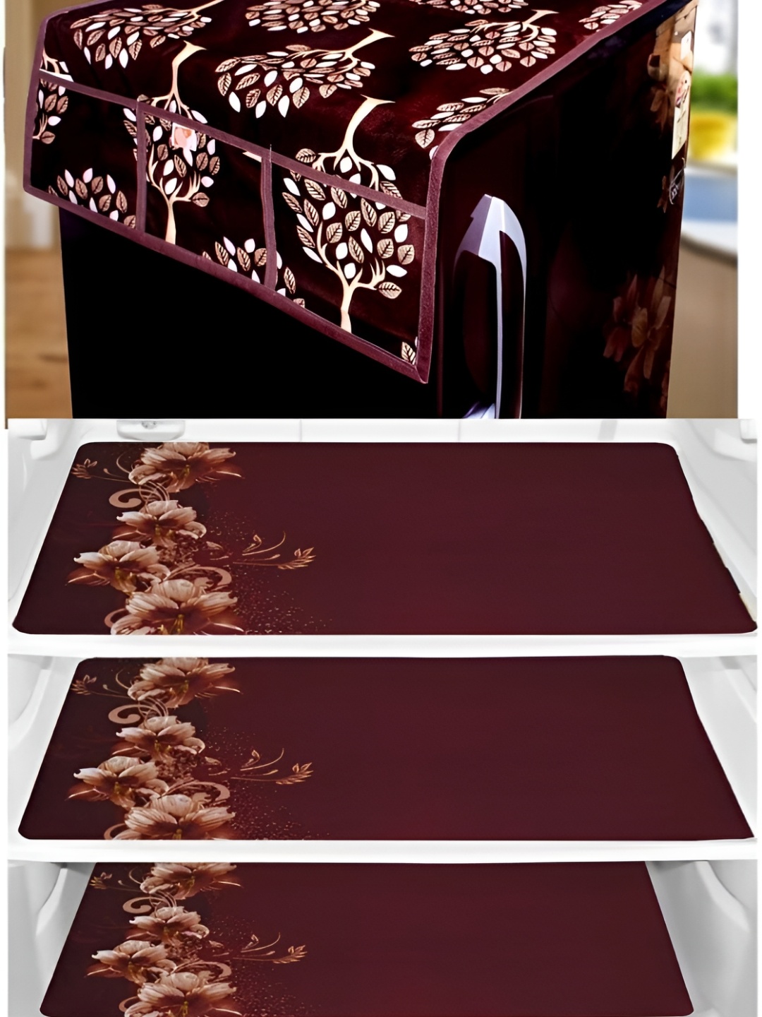 

REVEXO Burgundy & Brown 4 Pieces Printed Fridge Top Cover & Mats