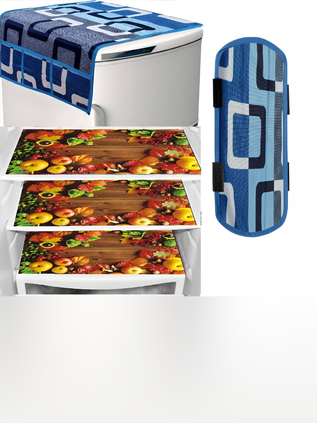 

REVEXO Brown & Blue 5 Pieces Printed Fridge Top Cover Handle Covers & Mats