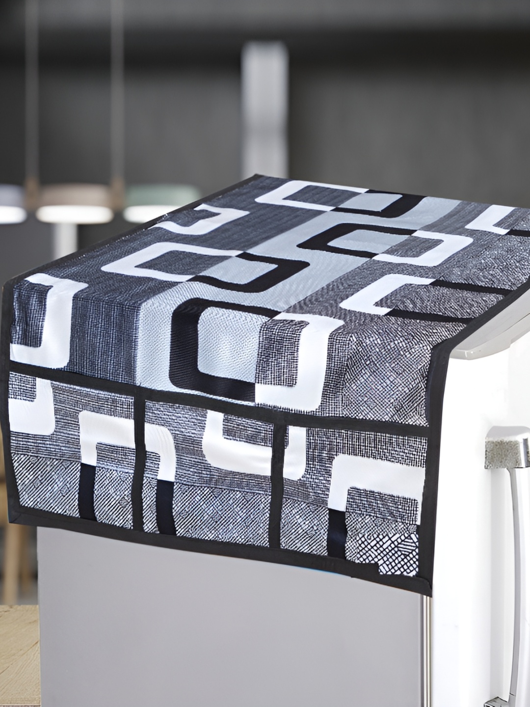 

REVEXO Grey & Black Printed Refrigerator Cover