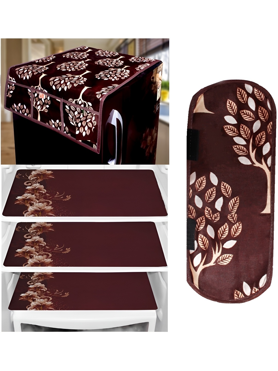 

REVEXO Black & Blue 5 Pieces Printed Fridge Top Cover Handle Covers & Mats, Burgundy