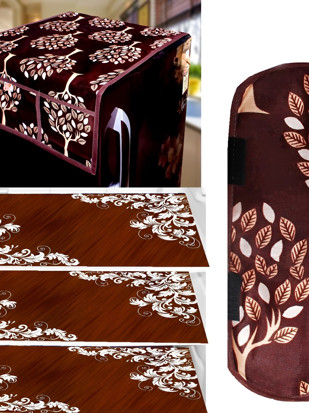 

REVEXO Brown & Burgundy 5 Pieces Printed Fridge Top Cover Handle Covers & Mats