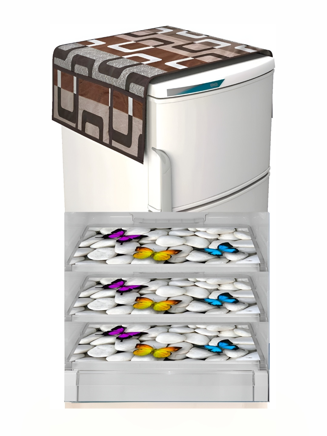 

REVEXO Brown & White 4 Pieces Printed Fridge Top Cover & Mats