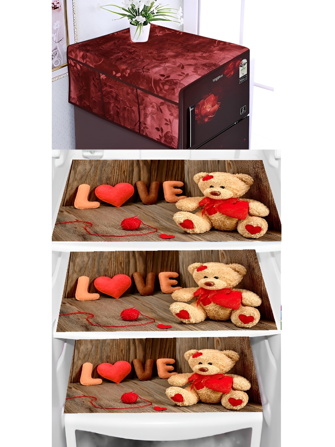 

REVEXO Brown & Maroon 4 Pieces Refrigerator Covers & Mats