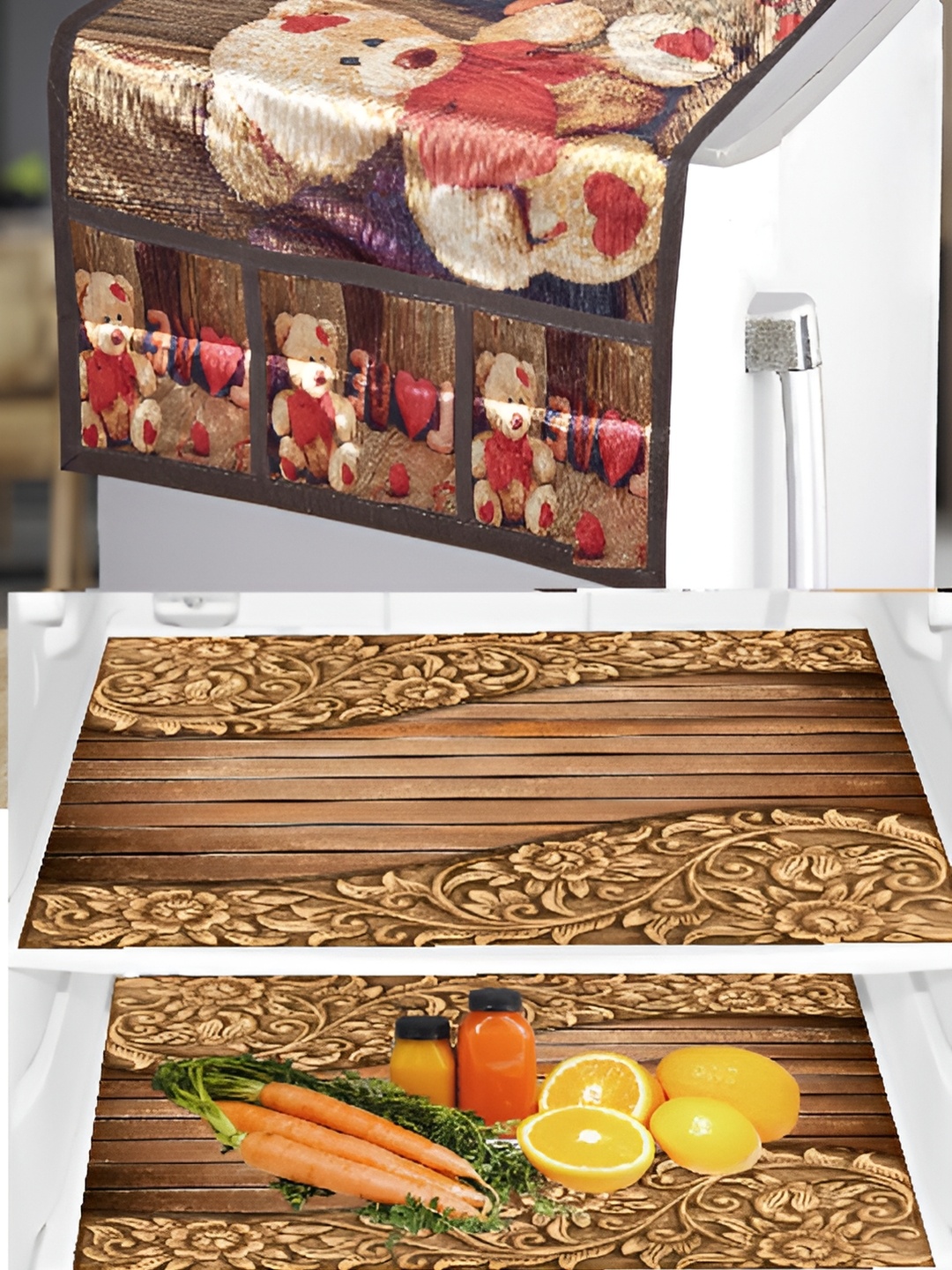 

REVEXO Brown & Red 6 Pieces Printed Fridge Top Cover Handle Covers & Mats