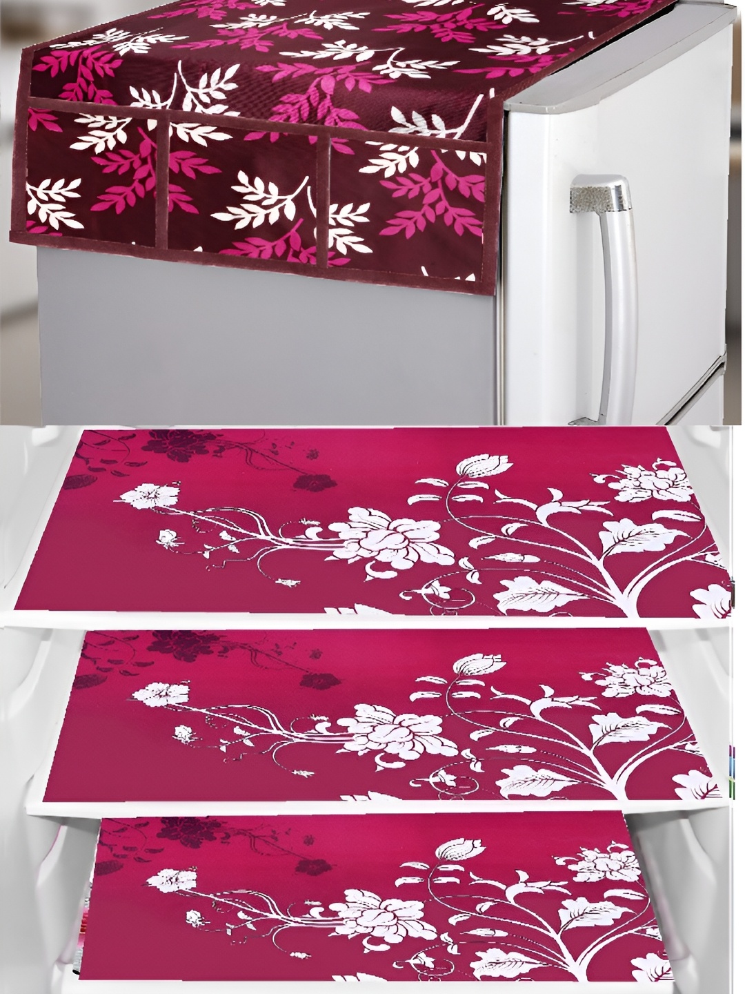 

REVEXO Burgundy & Pink 4 Pieces Printed Fridge Top Cover & Mats