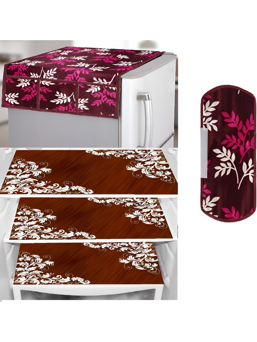 

REVEXO Burgundy & Brown 5 Pieces Printed Fridge Top Cover Handle Covers & Mats