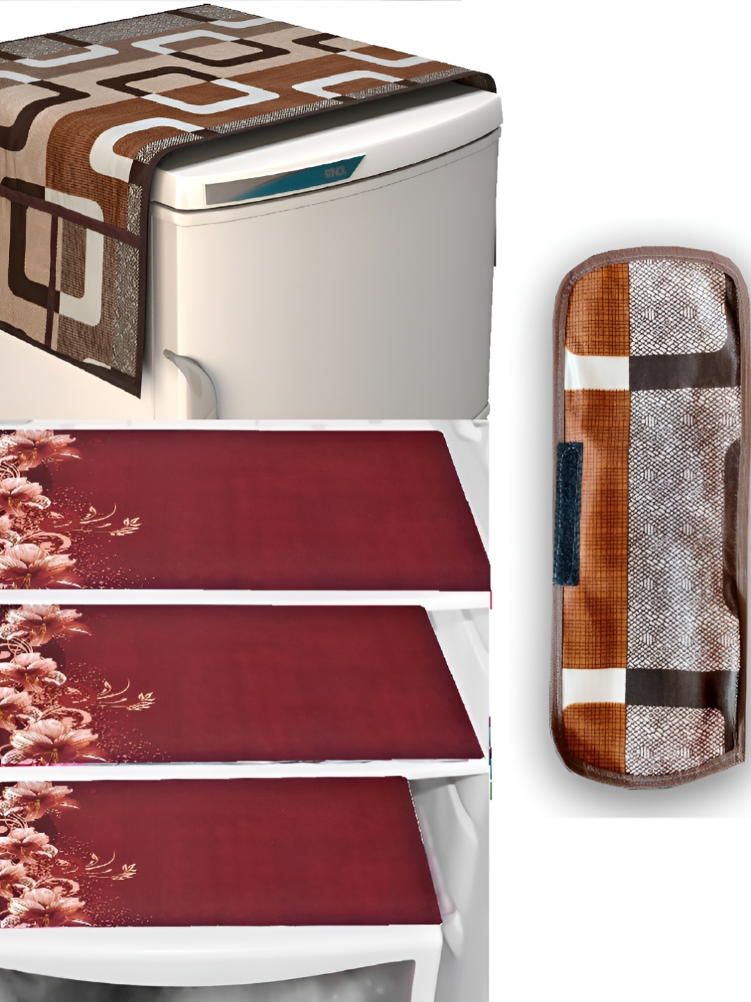 

REVEXO Brown & Maroon 5 Pieces Printed Fridge Top Cover Handle Covers & Mats