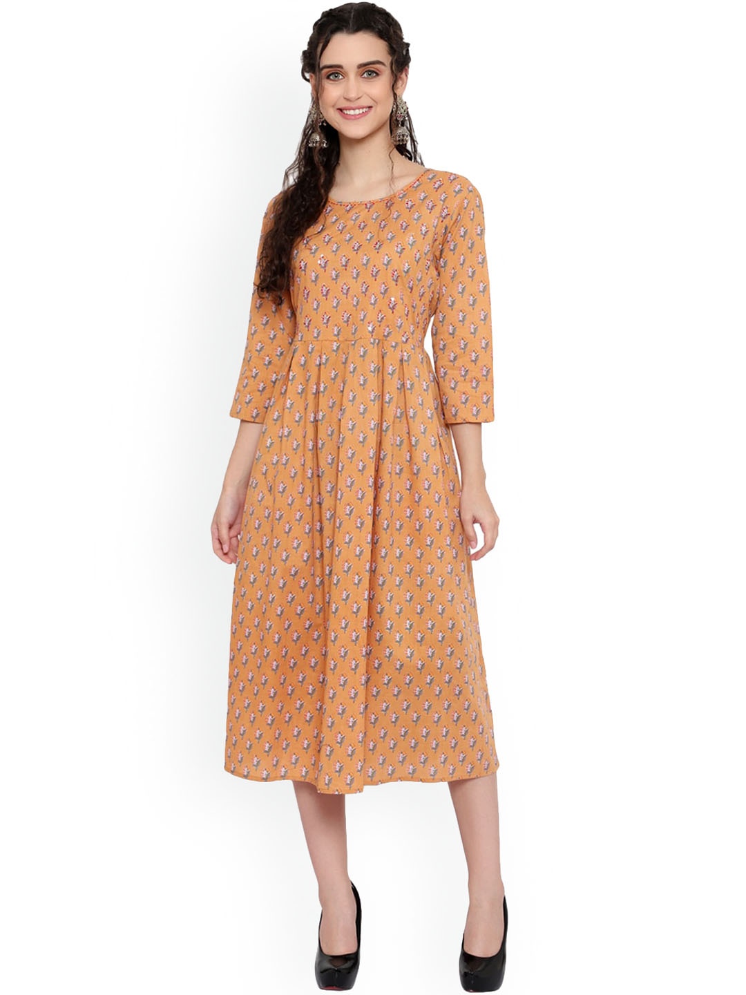 

Alakh Creation Floral Printed Round Neck Pleated Cotton A-Line Kurta, Mustard