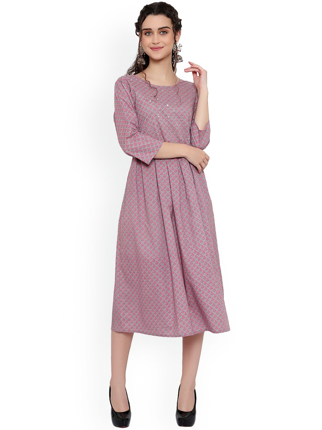 

Alakh Creation Floral Print Round Neck Pleated Cotton A-Line Kurta, Grey