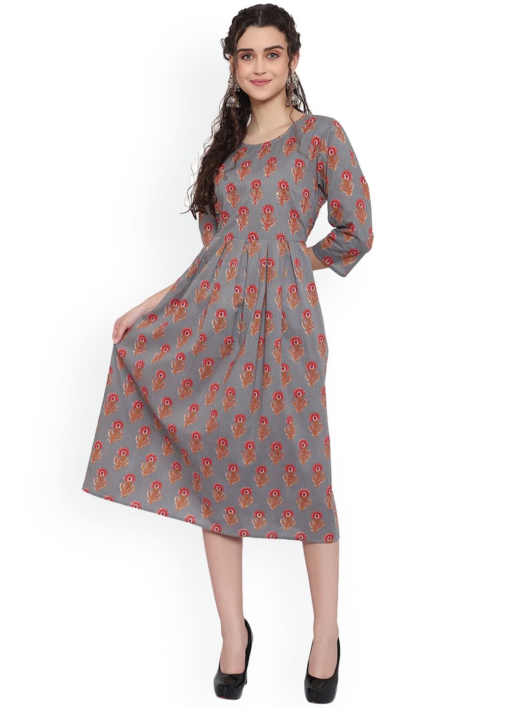 

Alakh Creation Ethnic Motifs Printed Round Neck Pleated Cotton A-Line Kurta, Grey