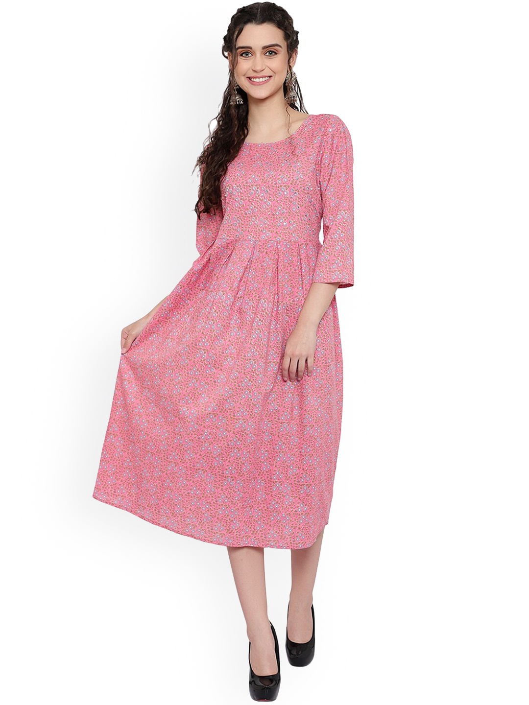 Alakh Creation Floral Print Round Neck Pleated Cotton A-Line Kurta, Pink