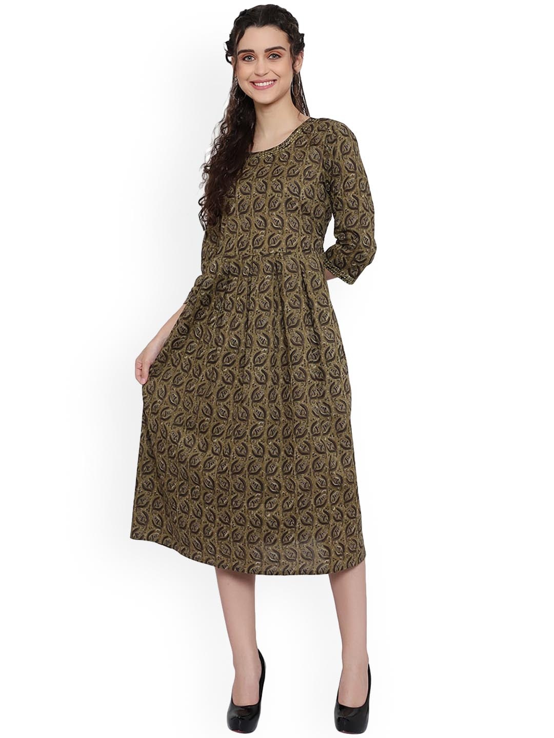 

Alakh Creation Floral Print Round Neck Pleated Cotton A-Line Kurta, Green