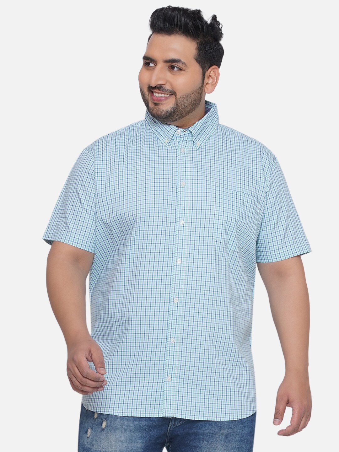 

Santonio Plus Size Micro Checks Checked Classic Pure Cotton Casual Shirt, Blue