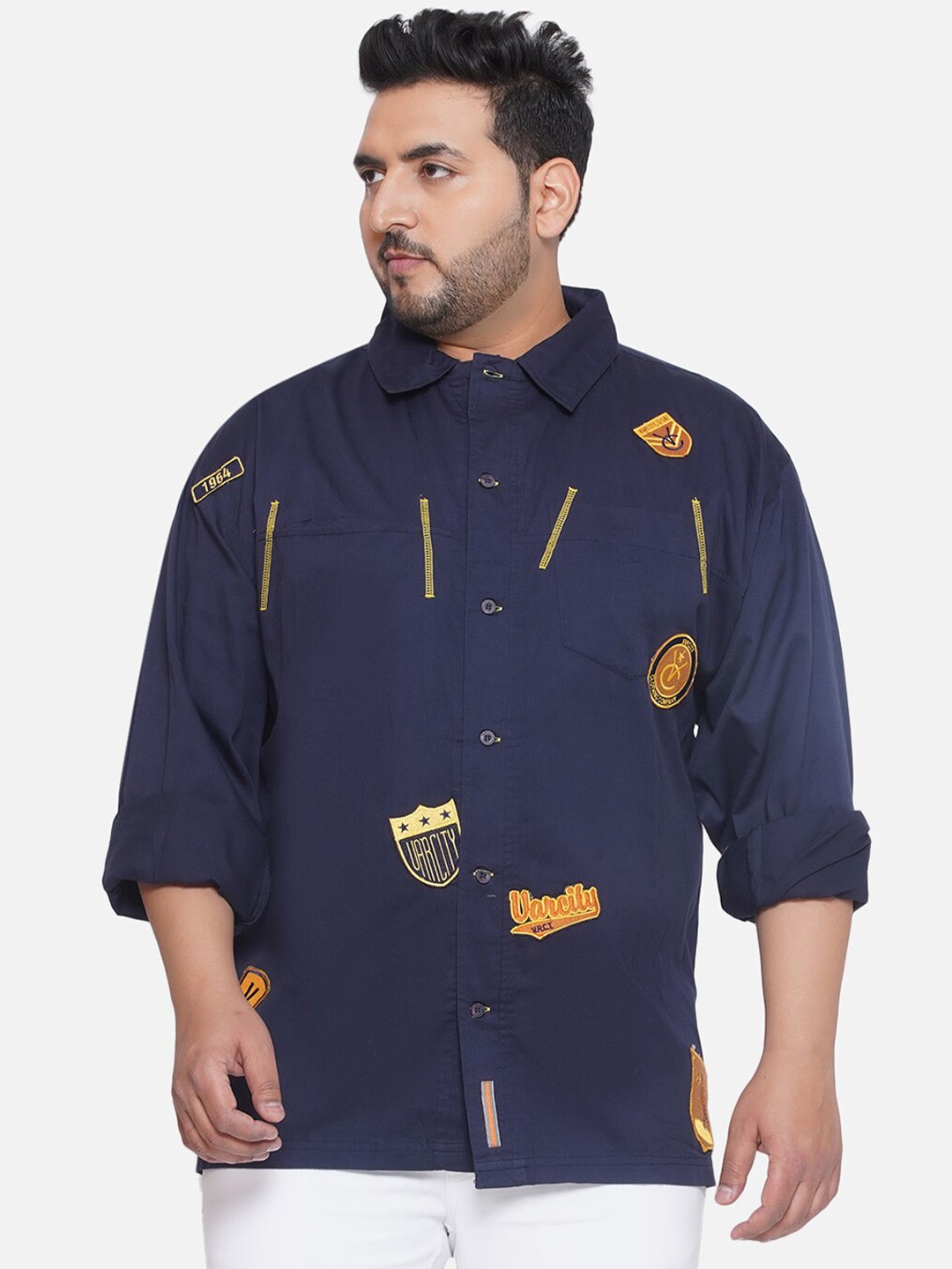 

Santonio Men Plus Size Classic Floral Printed Spread Collar Cotton Casual Shirt, Navy blue