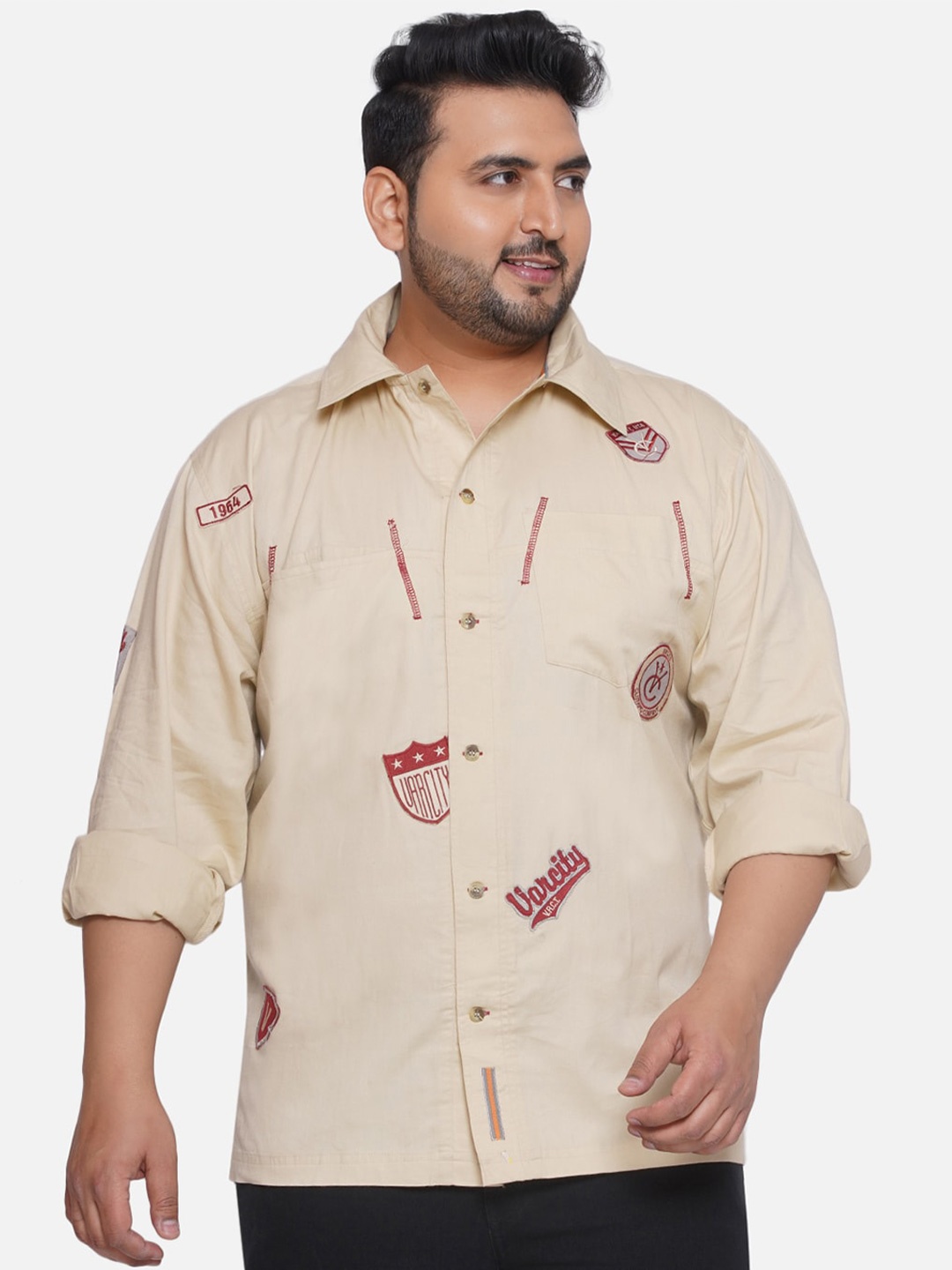 

Santonio Plus Size Printed Classic Pure Cotton Casual Shirt, Beige