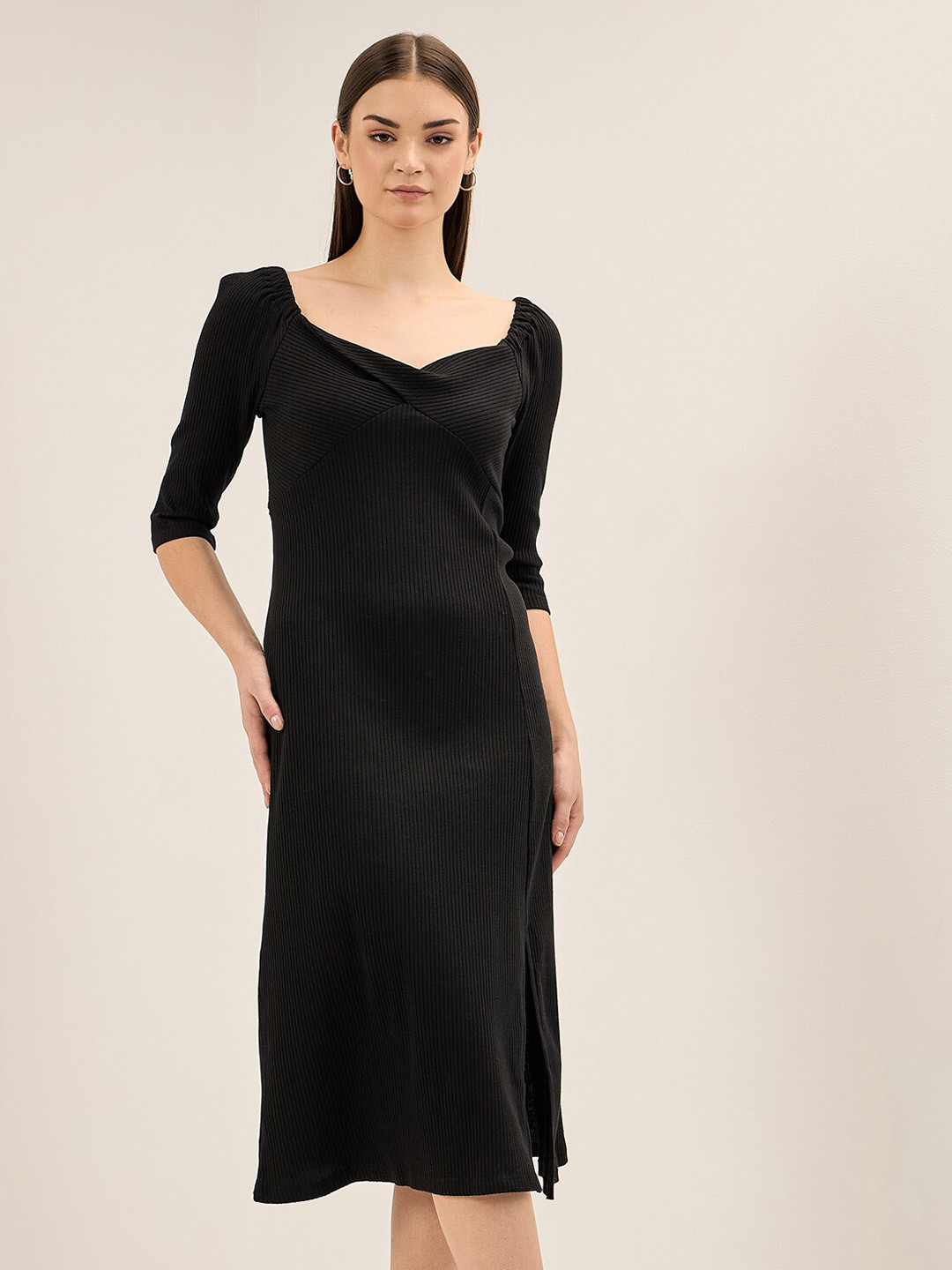 

SALT ATTIRE Three-Quarter Sleeves V-Neck Formal Sheath Midi Dress, Black