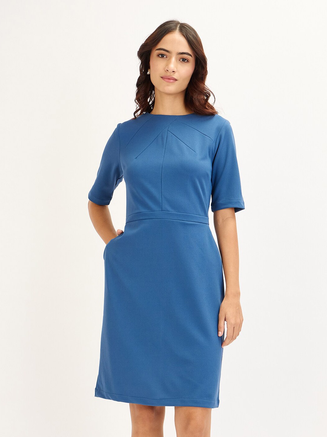 

SALT ATTIRE Short Sleeves Round Neck Formal Sheath Dress, Blue