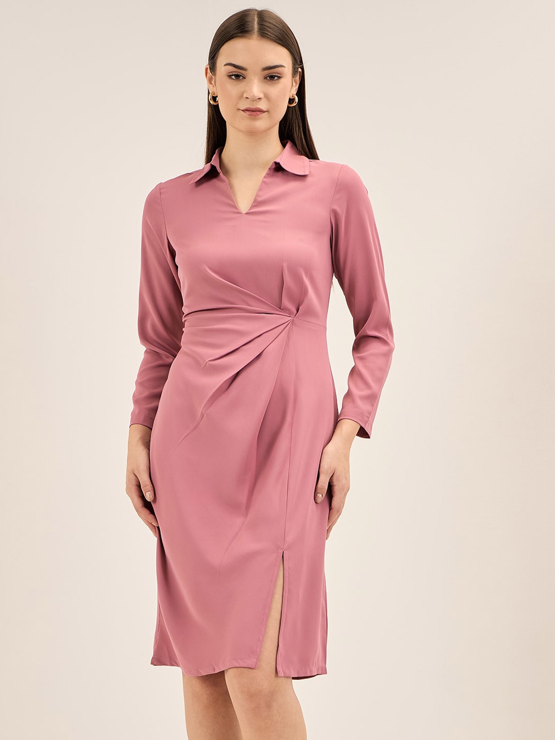 

SALT ATTIRE Three-Quarter Sleeves Shirt Collar Formal Sheath Dress, Pink