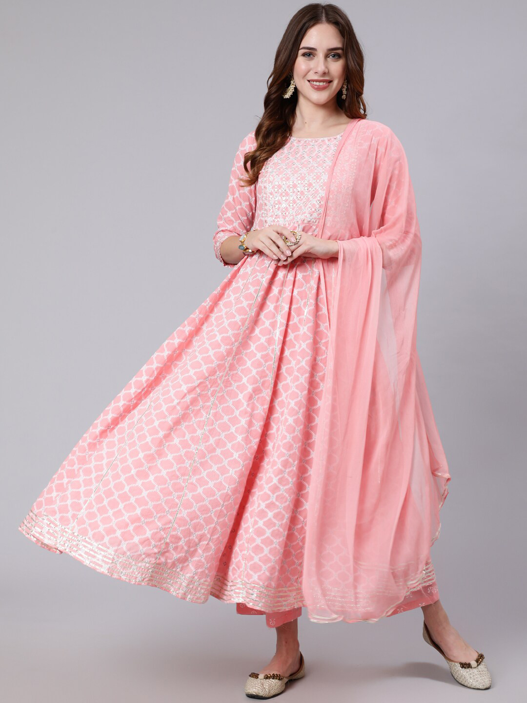 

GULMOHAR JAIPUR Floral Printed Flared Pure Cotton Anarkali Kurta With Palazzos & Dupatta, Pink