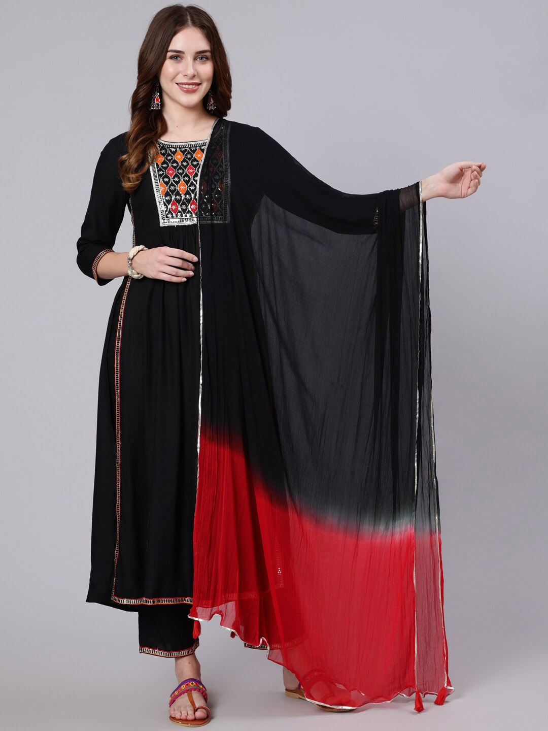 

GULMOHAR JAIPUR Embroidered Pure Cotton Kurta Anarkali With Trousers & Dupatta, Black
