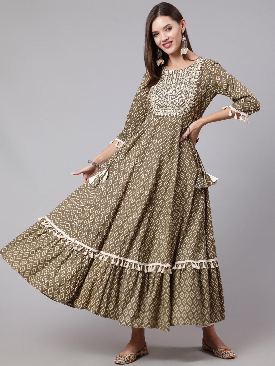 

GULMOHAR JAIPUR Geometric Yoke Design Thread Work Cotton Anarkali Kurta, Brown