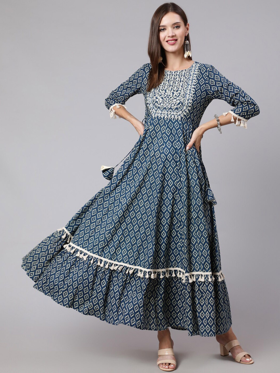 

GULMOHAR JAIPUR Geometric Printed Cotton Thread Work Anarkali Kurta, Navy blue