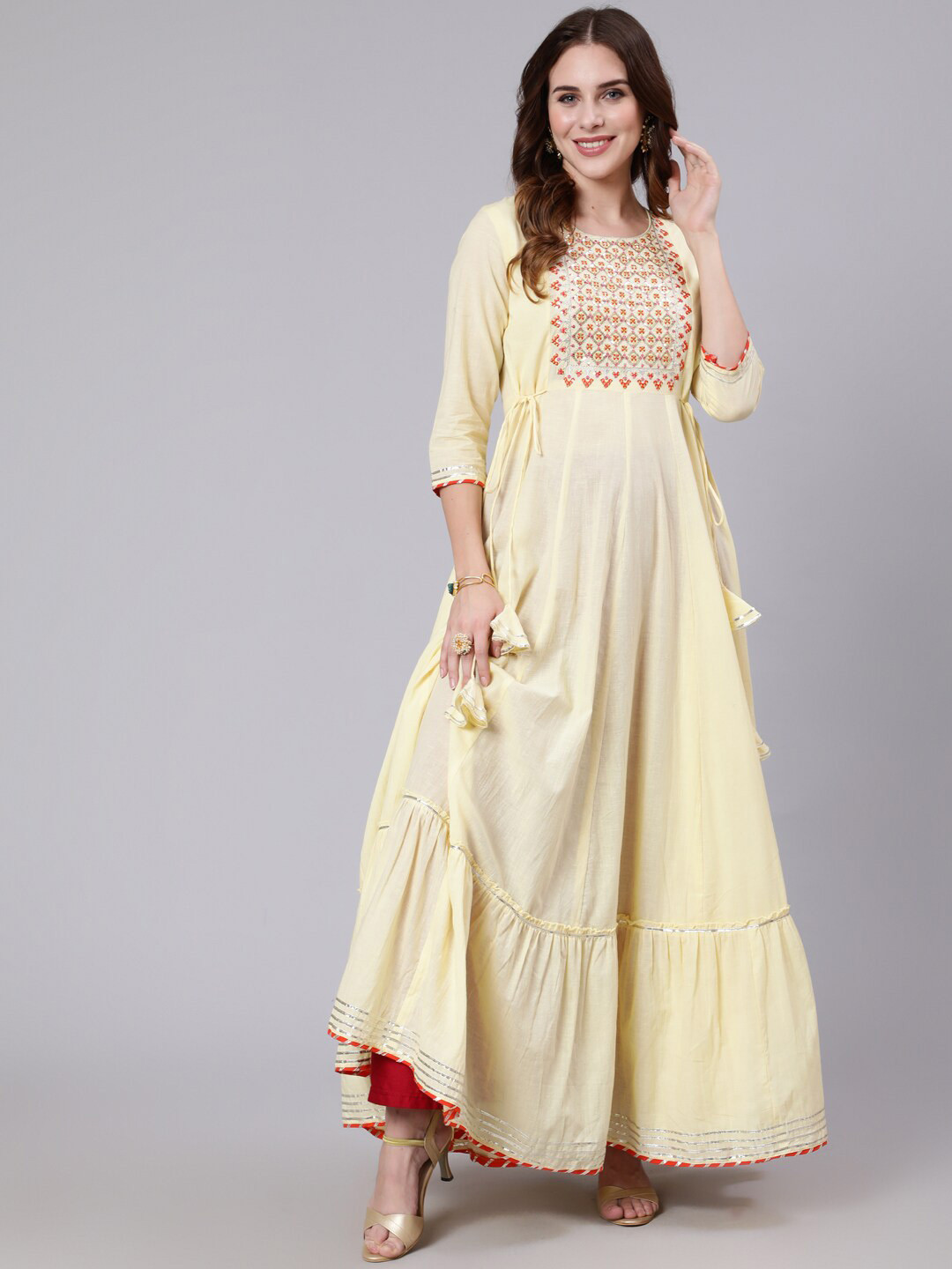

GULMOHAR JAIPUR Embroidered Thread Work Cotton Anarkali Kurta, Yellow