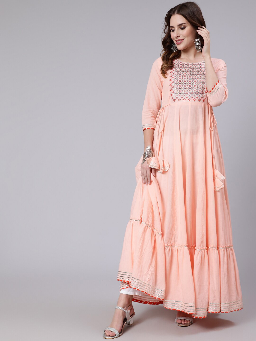 

GULMOHAR JAIPUR Yoke Design Round Neck Thread Work Cotton Anarkali Kurta, Peach