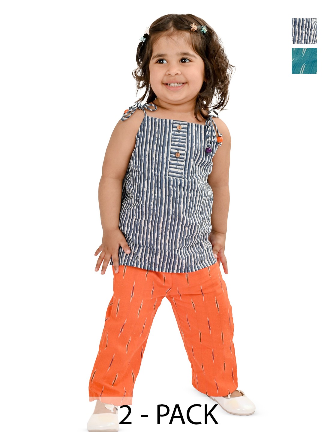 

Tiny Bunnies Girls Striped Shoulder Straps Pure Cotton Tunic with Trousers, Grey