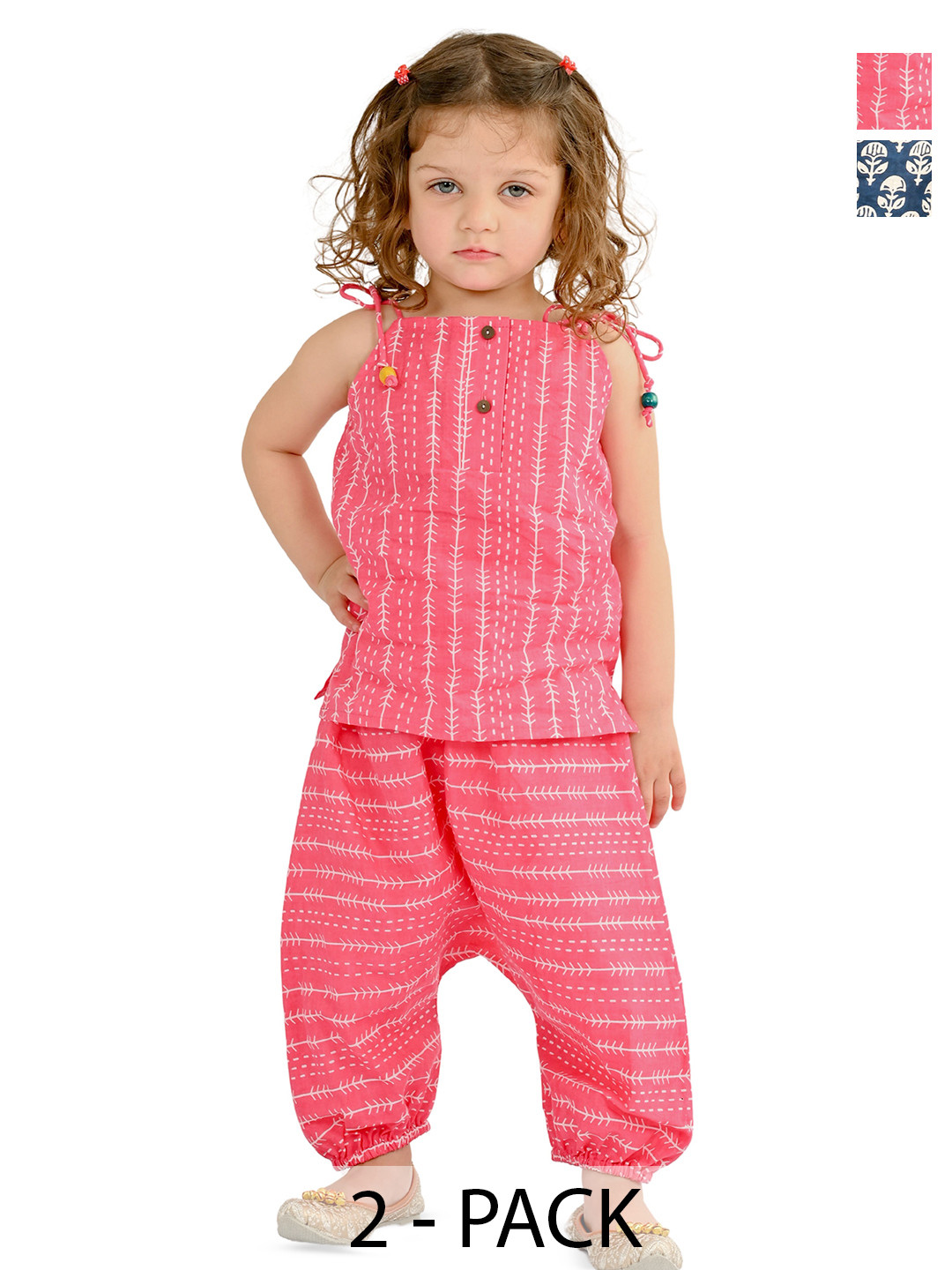 

Tiny Bunnies Girls Striped Shoulder Straps Pure Cotton Tunic with Trousers, Pink