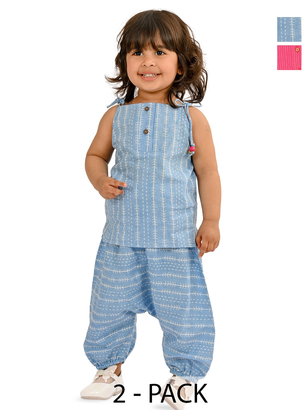 

Tiny Bunnies Girls Striped Shoulder Straps Pure Cotton Tunic with Trousers, Blue