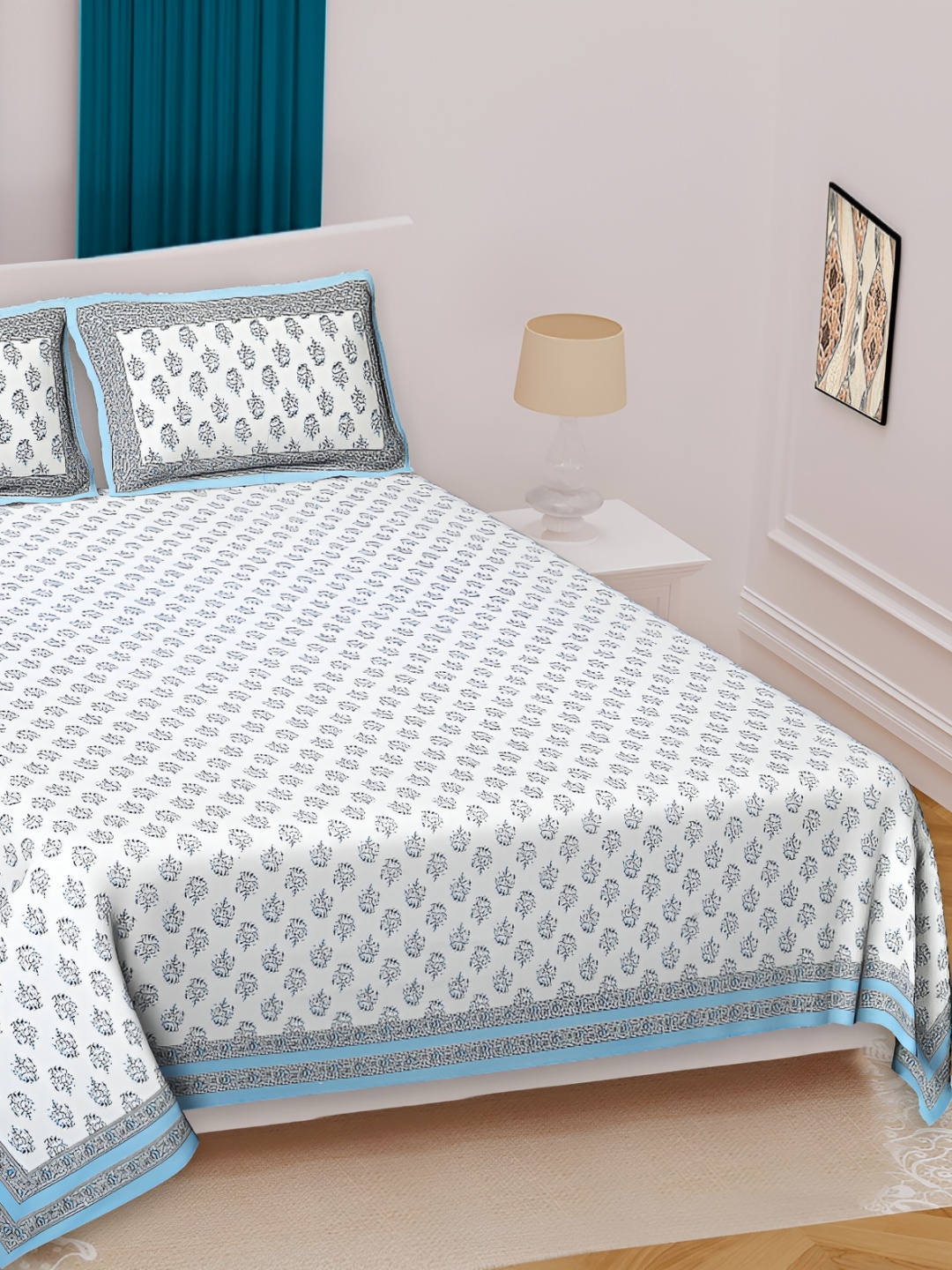 

Texstylers Blue Floral Cotton Queen Bedsheet with 2 Pillow Covers