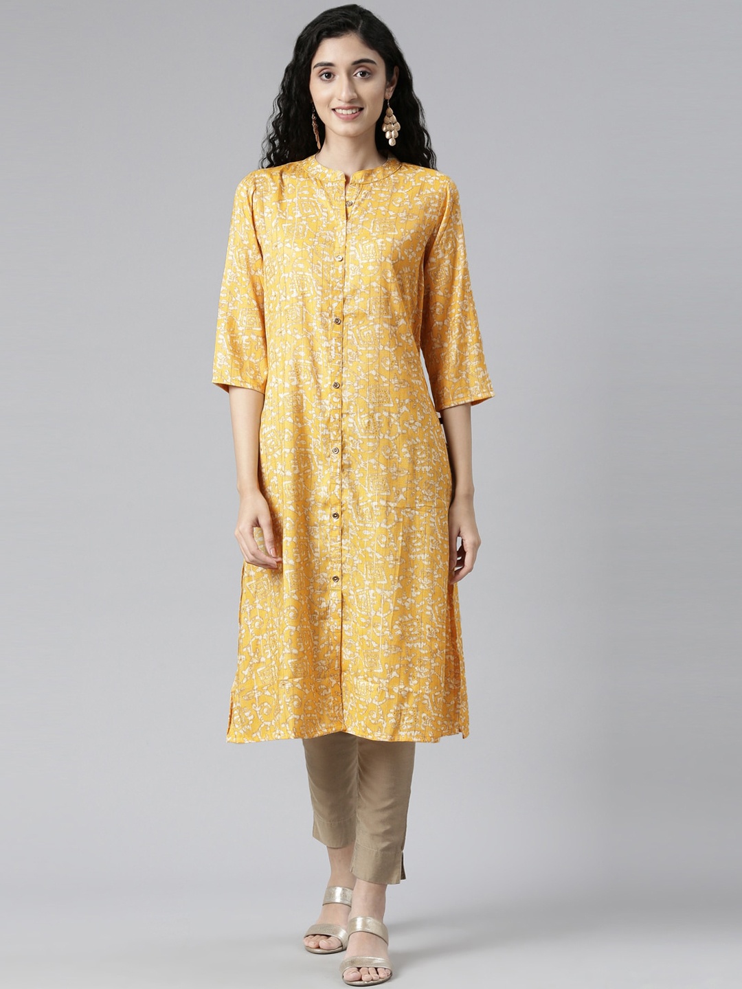 

Samhitas Printed Mandarin Collar Kurta, Yellow