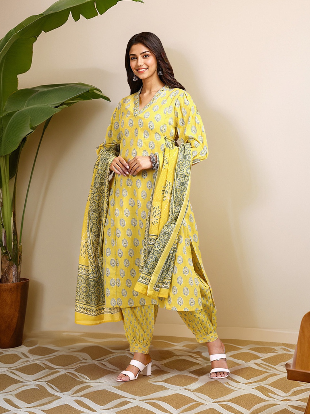 

Ishin Ethnic Motifs Printed V-Neck Angrakha Pure Cotton Kurta with Trousers & Dupatta, Mustard