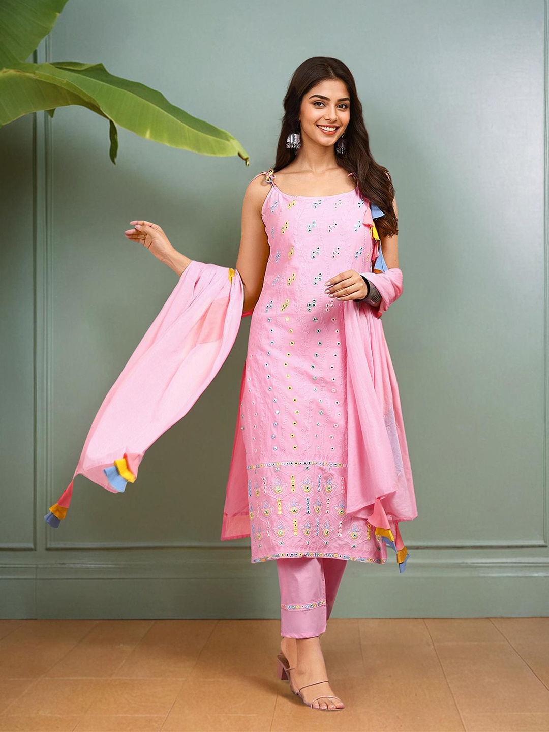 

Ishin Floral Embroidered Mirror Work Pure Cotton Straight Kurta with Trousers & Dupatta, Pink