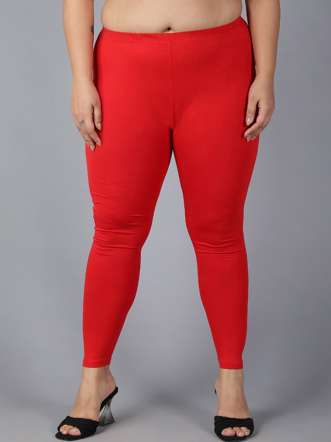 Plus Size Mid Rise Ankle Length Leggings, Red