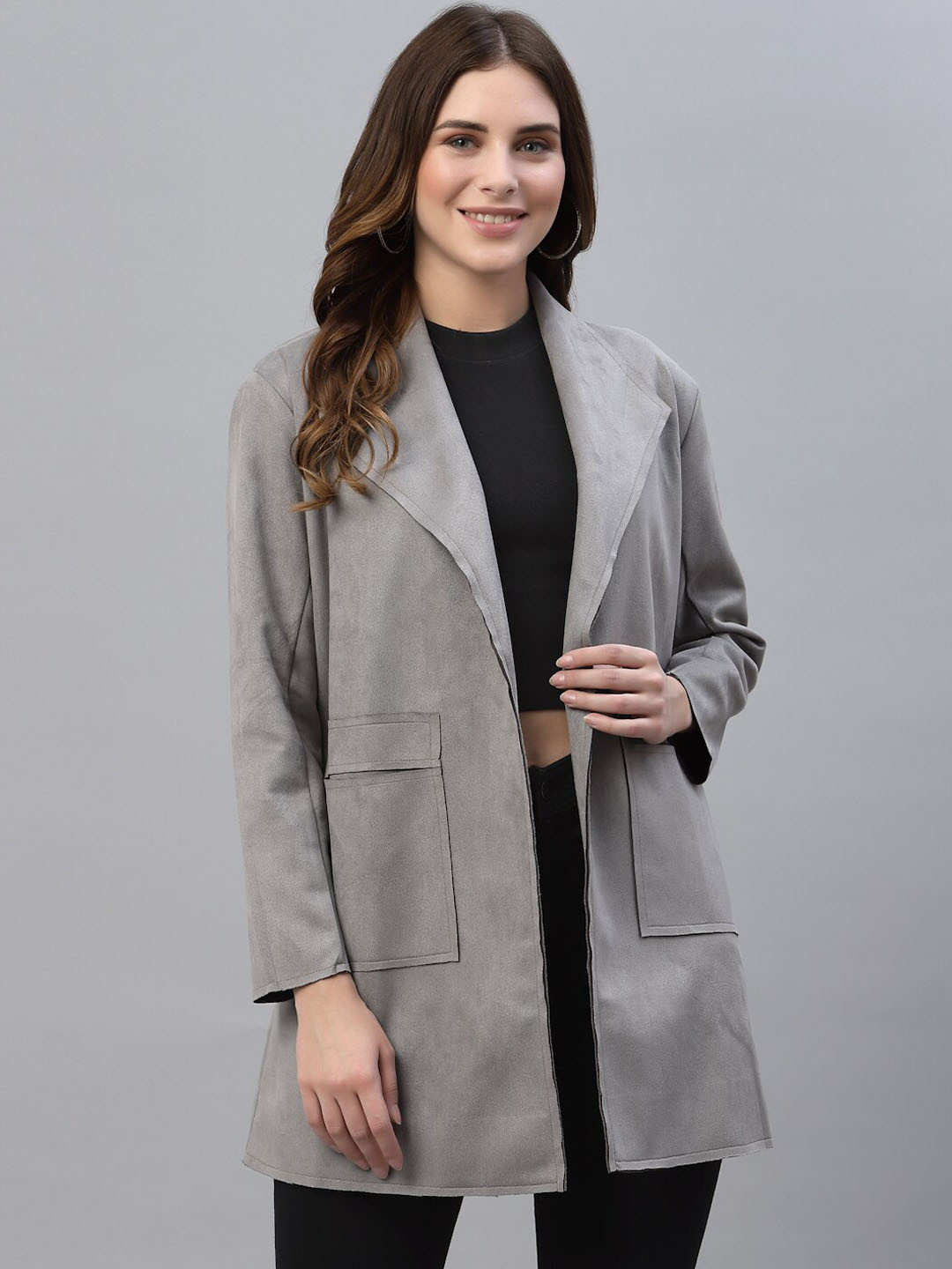 

HOUSE OF KKARMA Longline Open Front Suede Jacket, Grey
