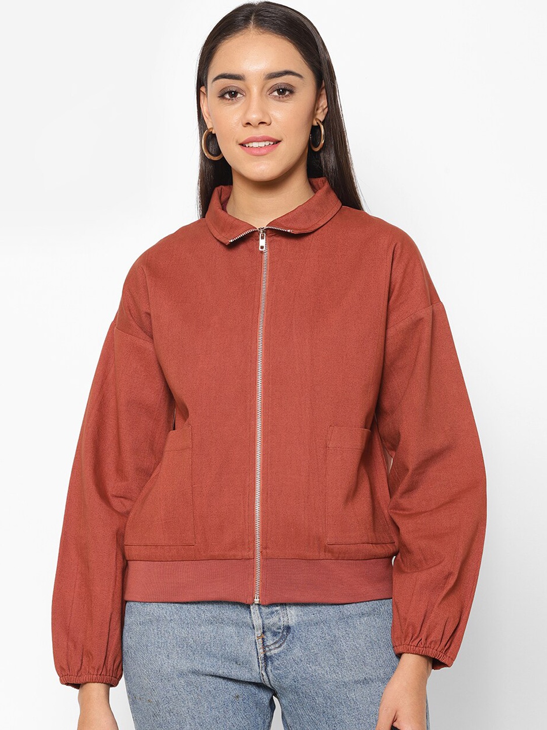 

HOUSE OF KKARMA Spread Collar Cotton Bomber Jacket, Brown