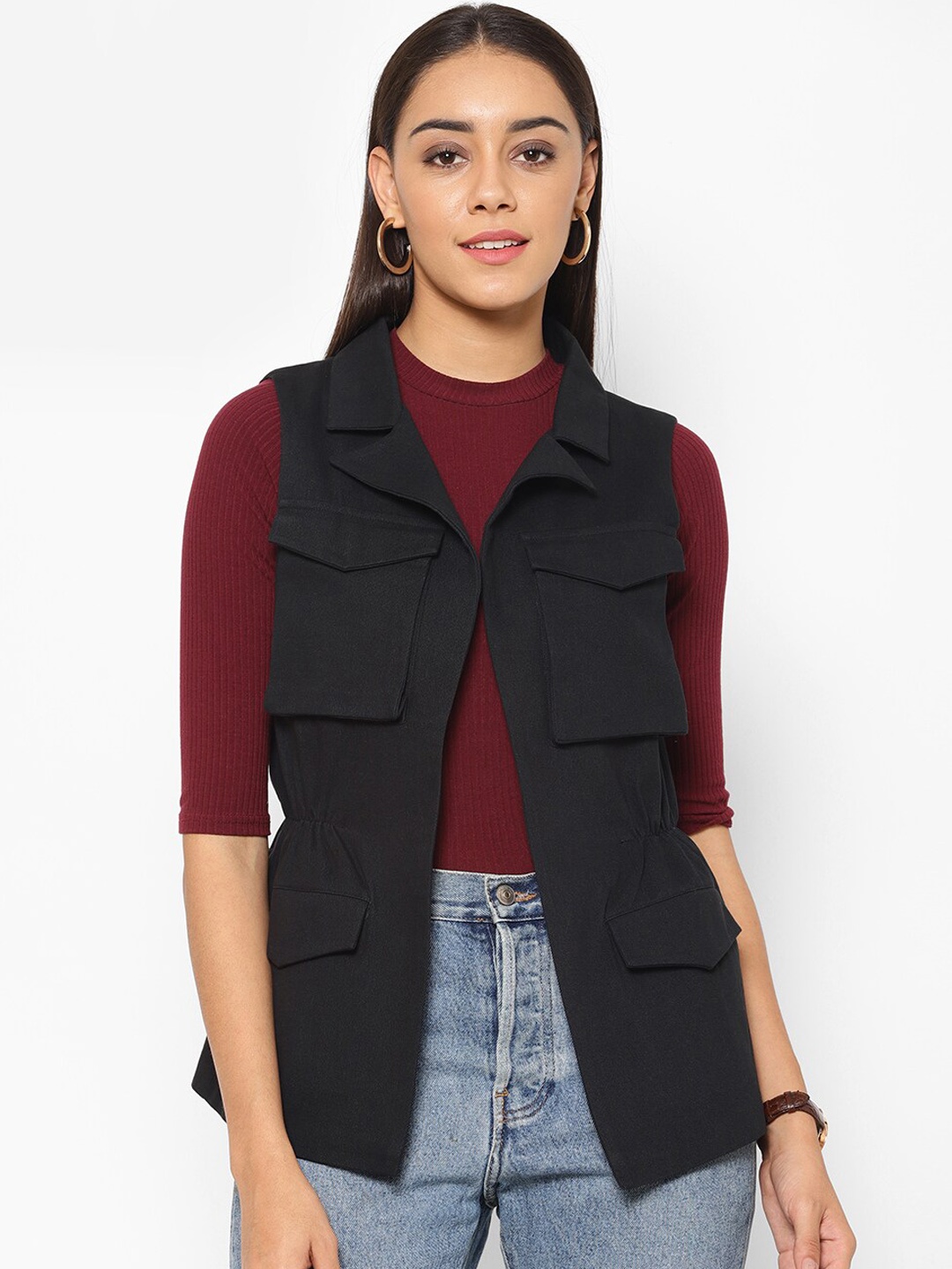 

HOUSE OF KKARMA Sleeveless Cotton Open Front Jacket, Black