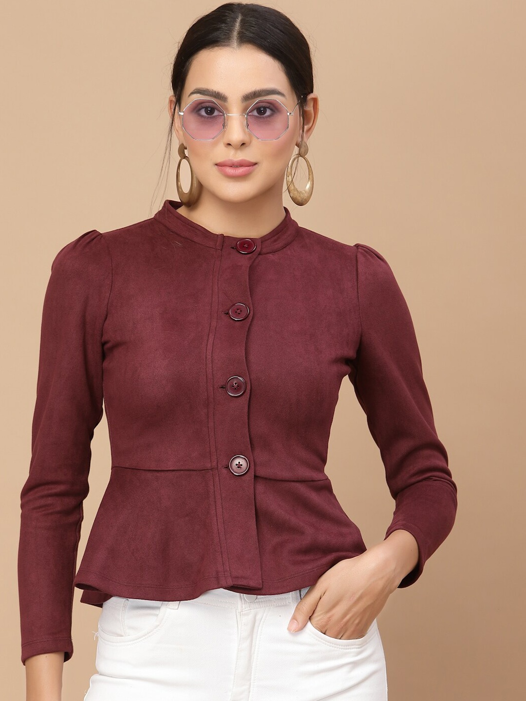 

HOUSE OF KKARMA Crop Tailored Suede Jacket, Burgundy