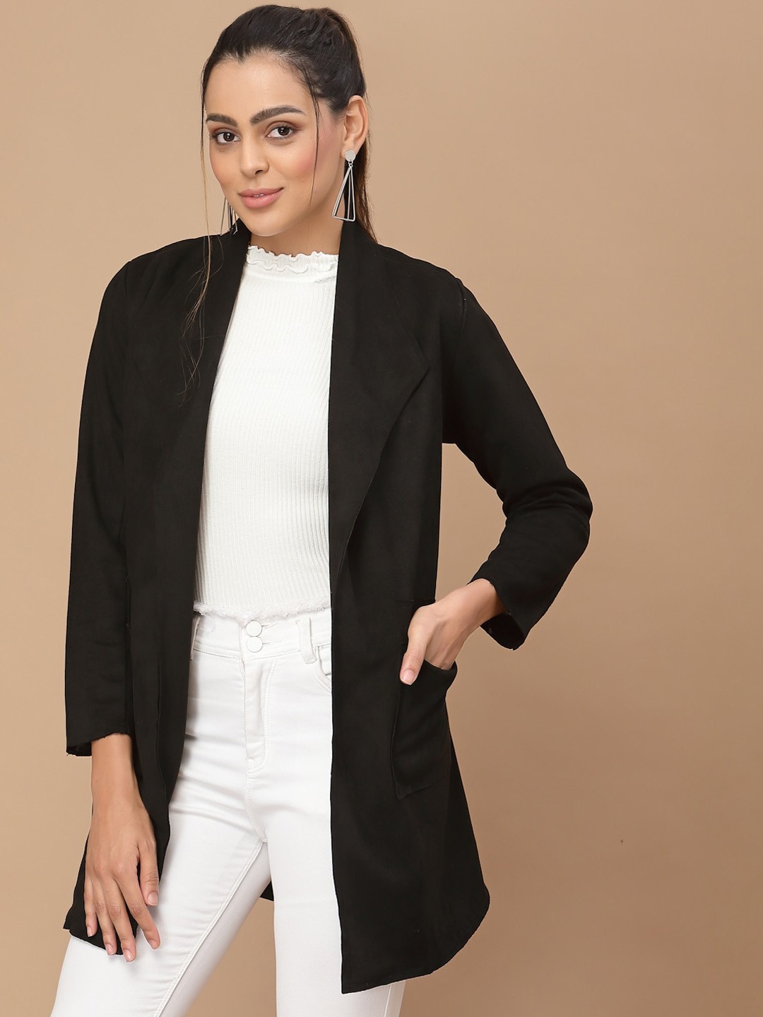 

HOUSE OF KKARMA Longline Open Front Suede Jacket, Black